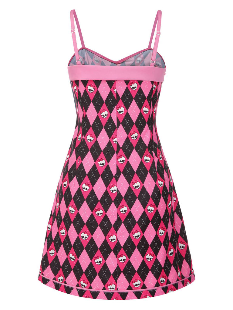 [Prévente] Robe à bretelles motif argyle nœud et crâne noire et rose des années 1960