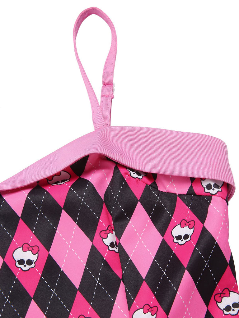 [Prévente] Robe à bretelles motif argyle nœud et crâne noire et rose des années 1960