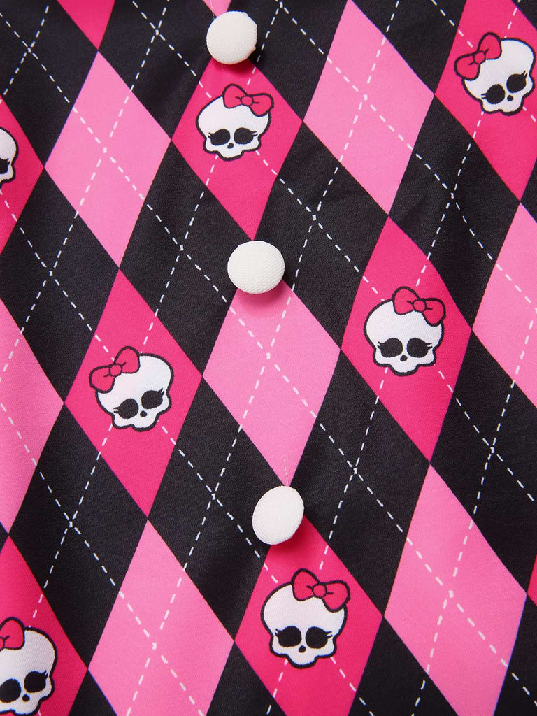 [Prévente] Robe à bretelles motif argyle nœud et crâne noire et rose des années 1960