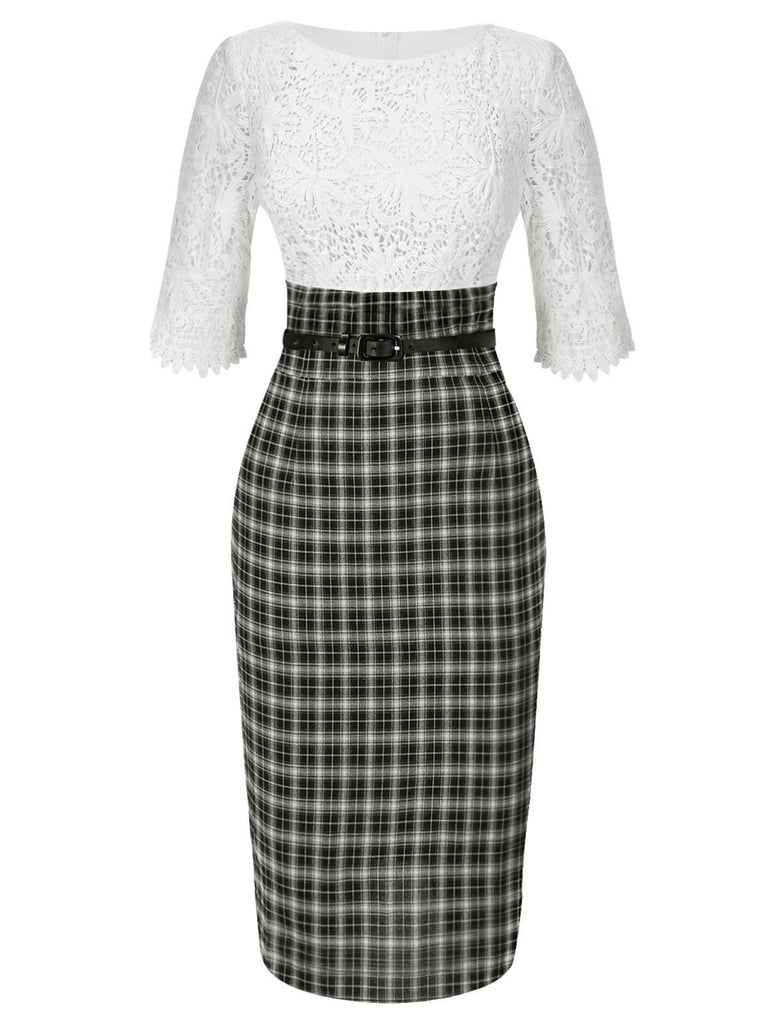 [Pré-vente] Robe crayon blanche col bateau et à carreaux en dentelle des années 1960