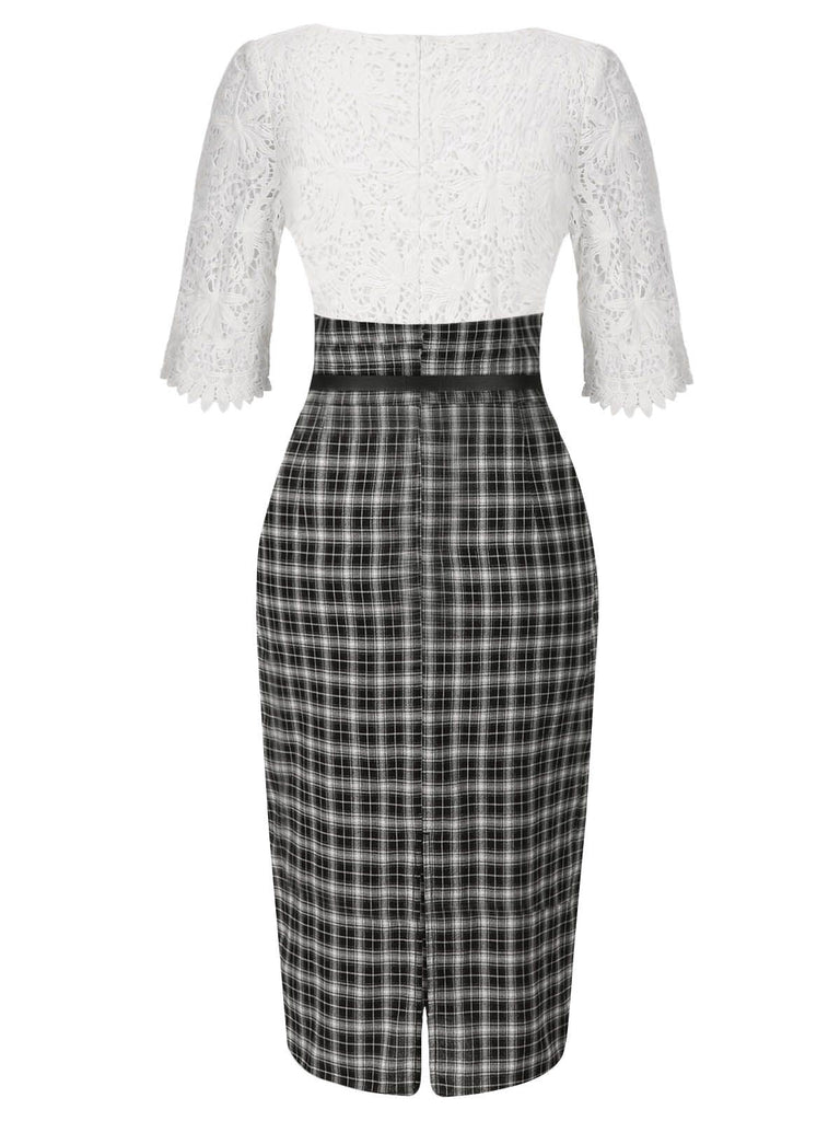 [Pré-vente] Robe crayon blanche col bateau et à carreaux en dentelle des années 1960