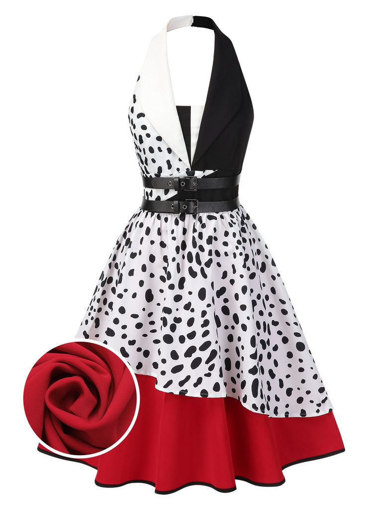 [Prévente] Robe dalmatienne rouge col licou et contraste irrégulier des années 1970