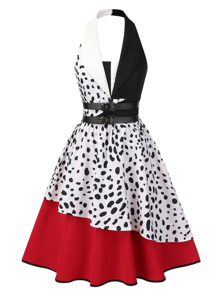 [Prévente] Robe dalmatienne rouge col licou et contraste irrégulier des années 1970