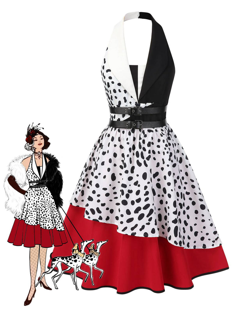 [Prévente] Robe dalmatienne rouge col licou et contraste irrégulier des années 1970