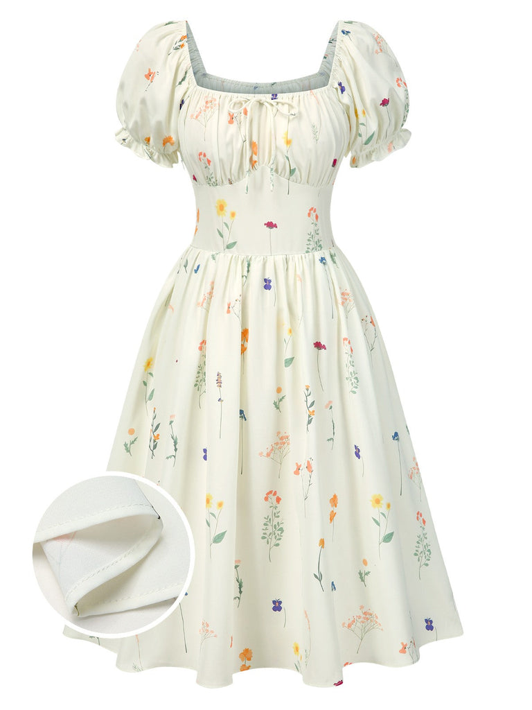 [Prévente] Robe fleurie plissée beige col carré des années 1950