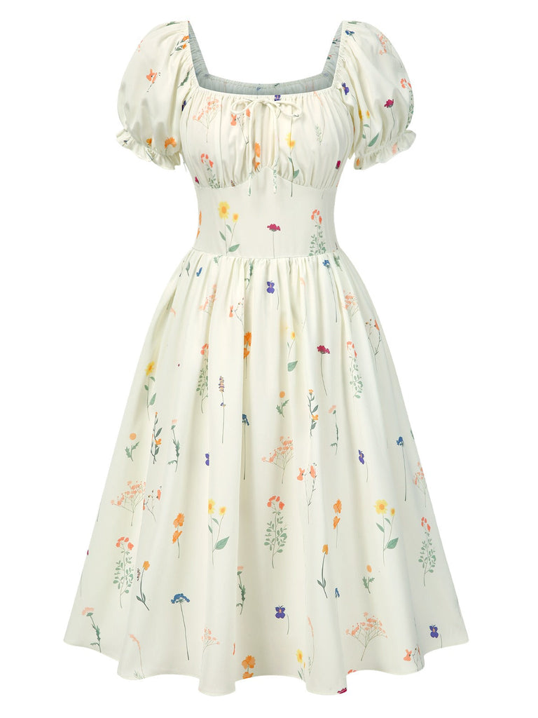 [Prévente] Robe fleurie plissée beige col carré des années 1950