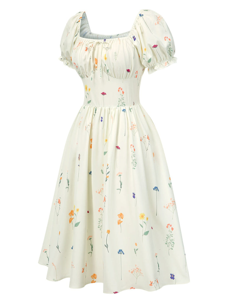 [Prévente] Robe fleurie plissée beige col carré des années 1950