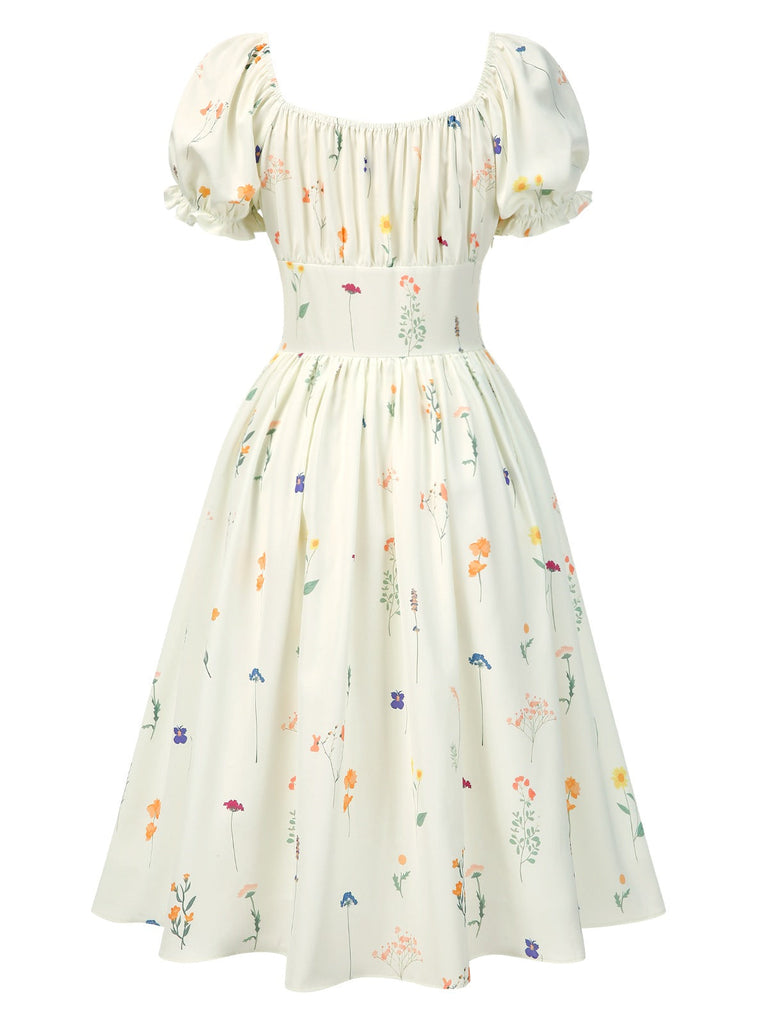 [Prévente] Robe fleurie plissée beige col carré des années 1950