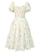[Prévente] Robe fleurie plissée beige col carré des années 1950