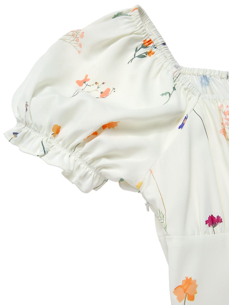 [Prévente] Robe fleurie plissée beige col carré des années 1950