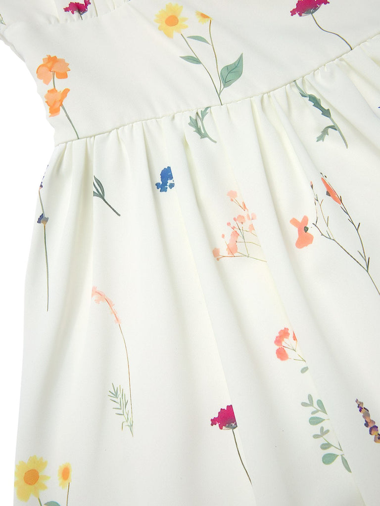 [Prévente] Robe fleurie plissée beige col carré des années 1950