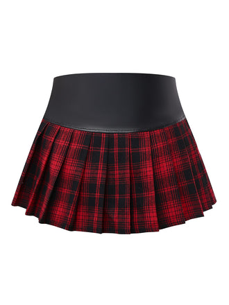 Jupe plissée en cuir rouge à carreaux style steampunk des années 1980