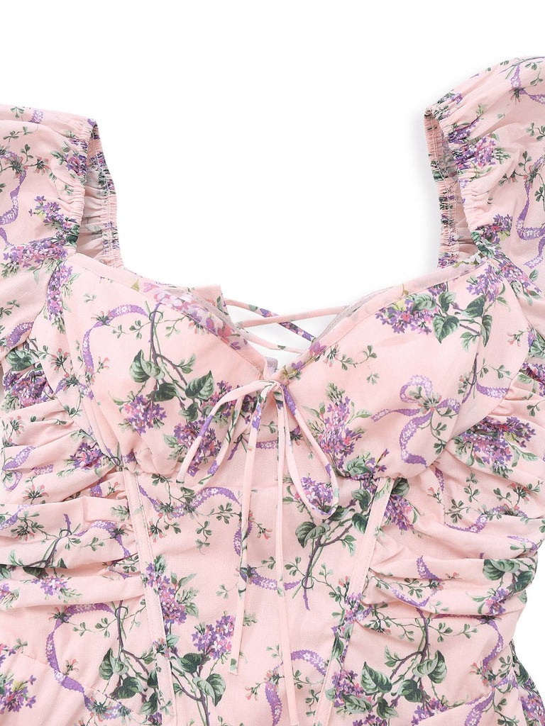 Robe rose imprimé lavande col en cœur manches bouffantes des années 1940