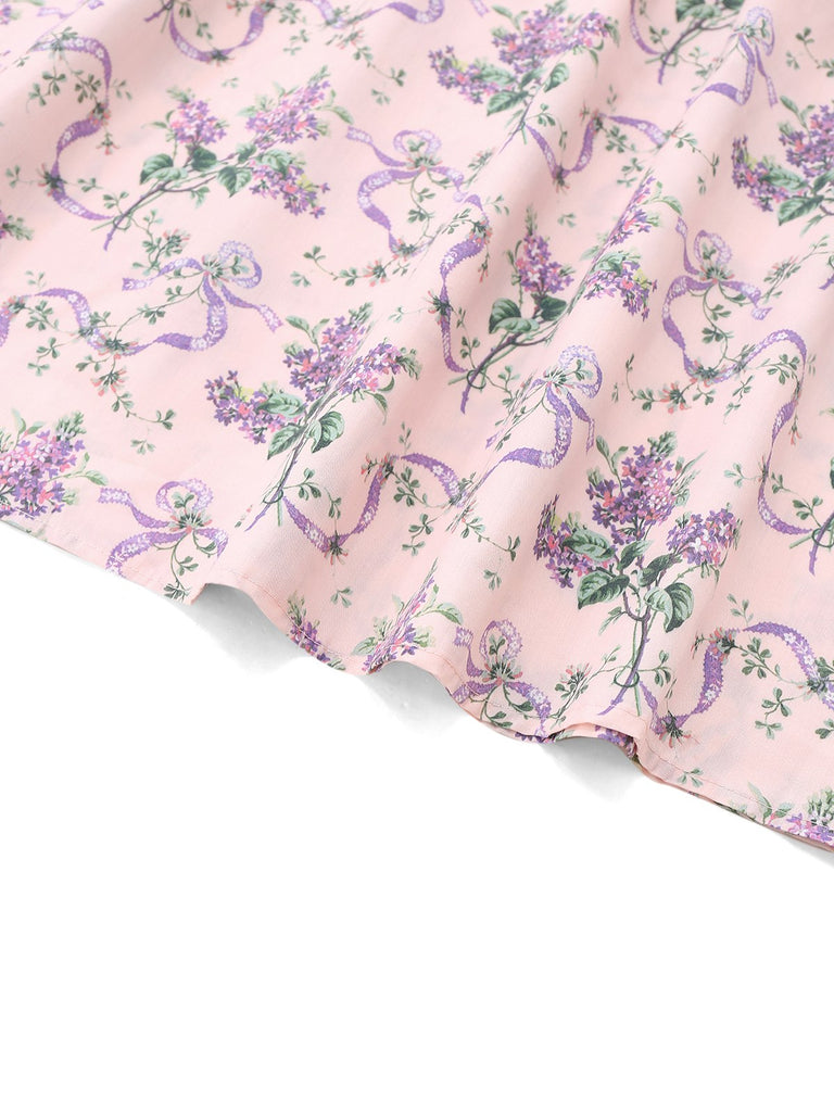 Robe rose imprimé lavande col en cœur manches bouffantes des années 1940