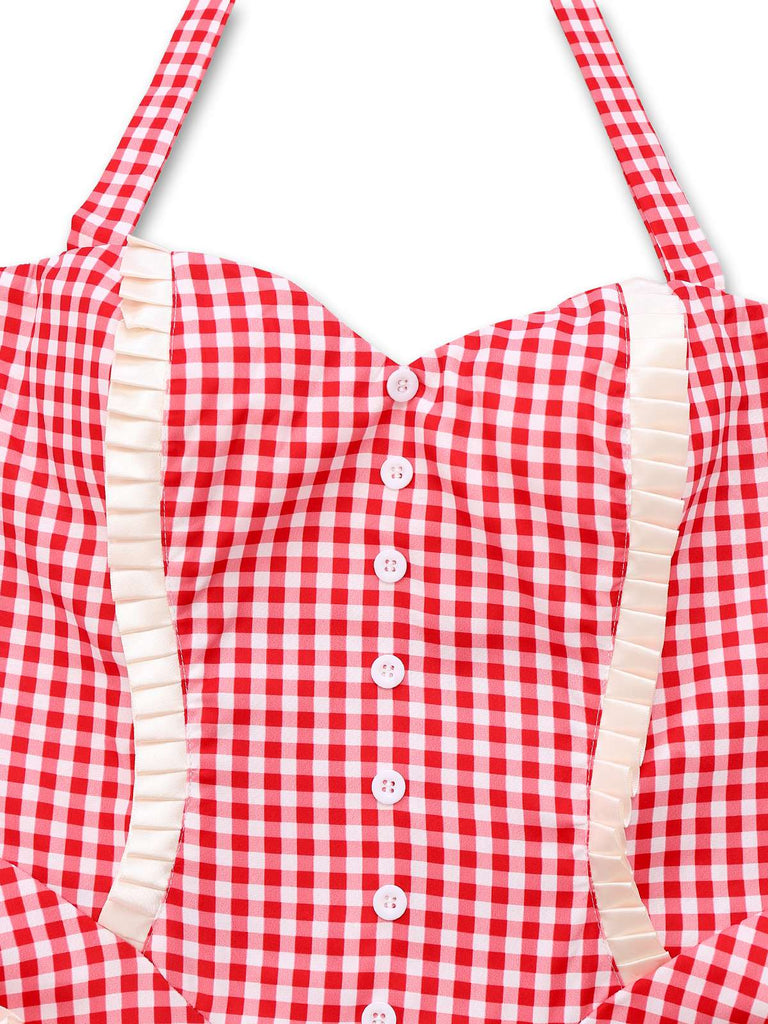 Robe rouge à carreaux et poches en forme de cœur, style années 1950