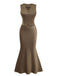2PCS Gilet col V et jupe sirène en satin marron uni des années 1930
