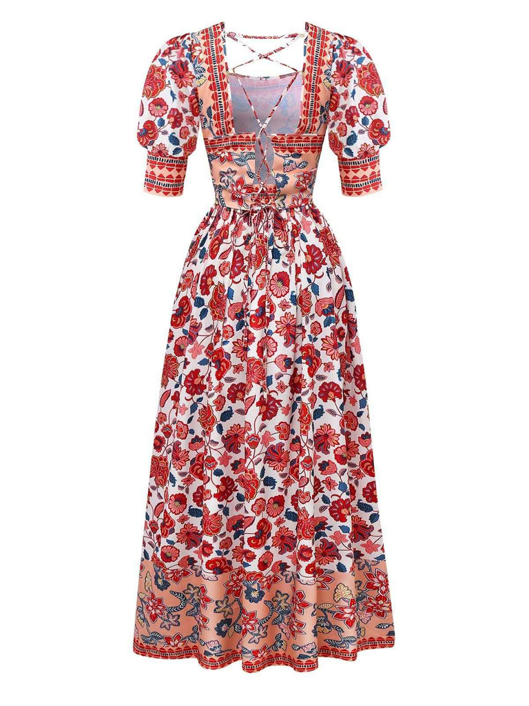 2PCS Haut manches lanternes et jupe froncée imprimé floral rouge des années 1930