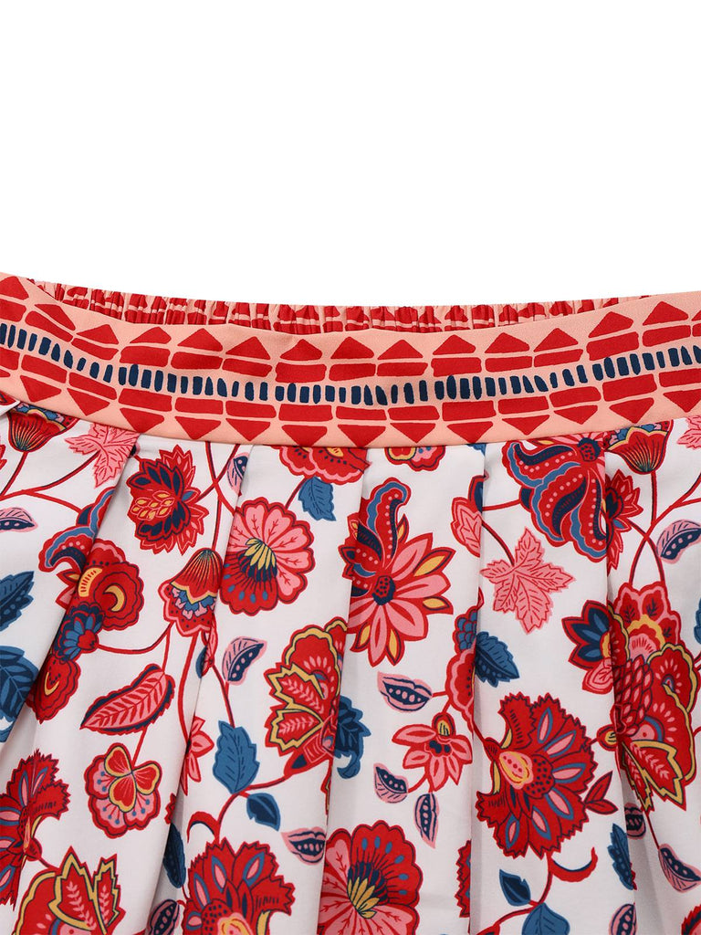 2PCS Haut manches lanternes et jupe froncée imprimé floral rouge des années 1930