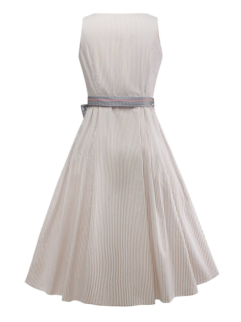 2PCS Robe beige à rayures verticales et tablier fleuri des années 1950