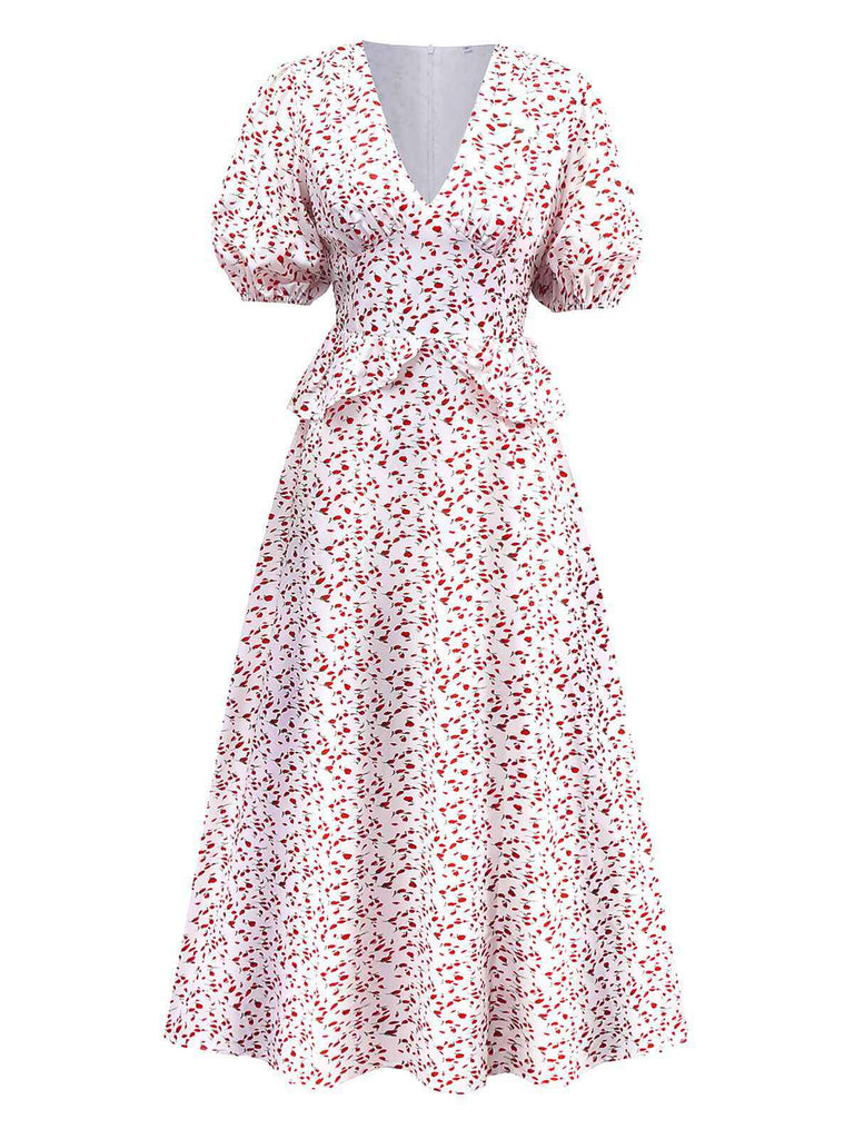 Robe manches bouffantes à volants motif petites fleurs blanche des années 1940