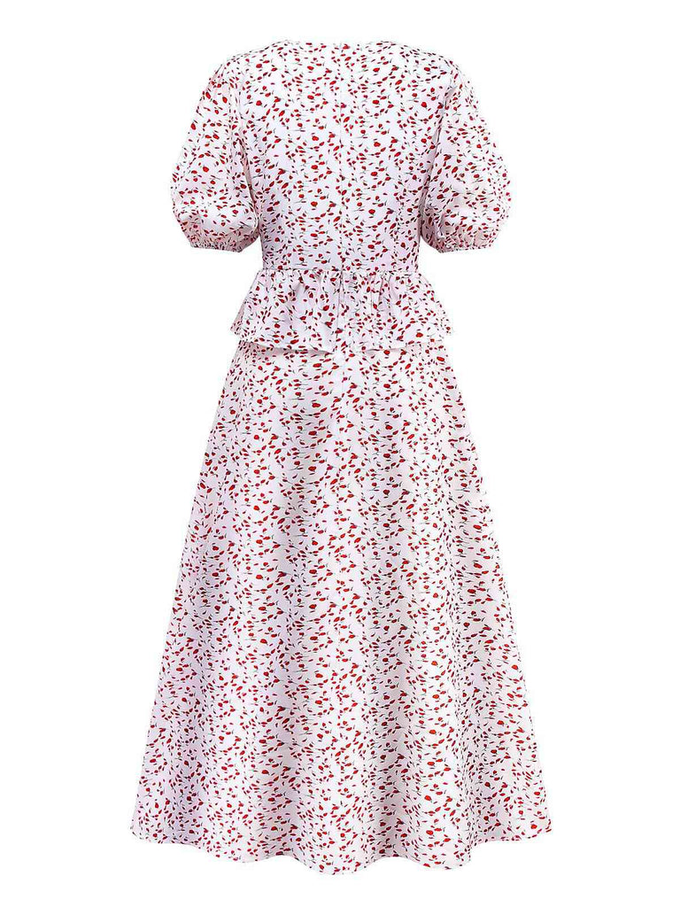 Robe manches bouffantes à volants motif petites fleurs blanche des années 1940