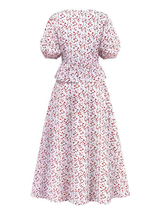 Robe manches bouffantes à volants motif petites fleurs blanche des années 1940
