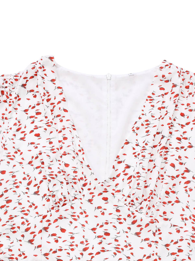 Robe manches bouffantes à volants motif petites fleurs blanche des années 1940