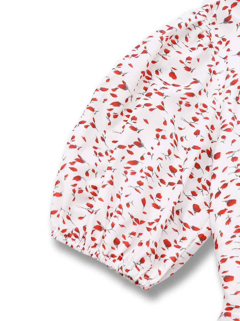 Robe manches bouffantes à volants motif petites fleurs blanche des années 1940