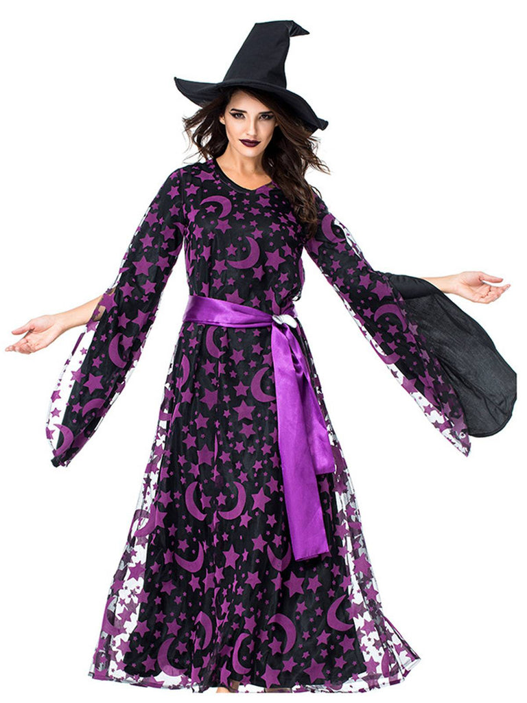 Ensemble robe de sorcière violet et étoiles et lune années 1930