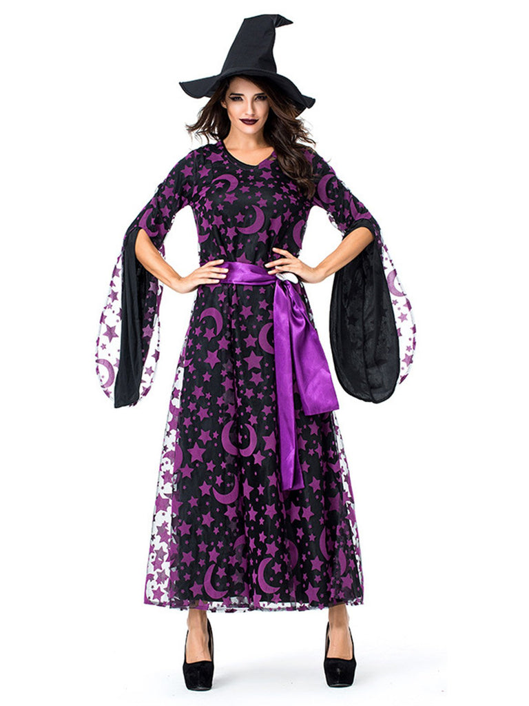Ensemble robe de sorcière violet et étoiles et lune années 1930