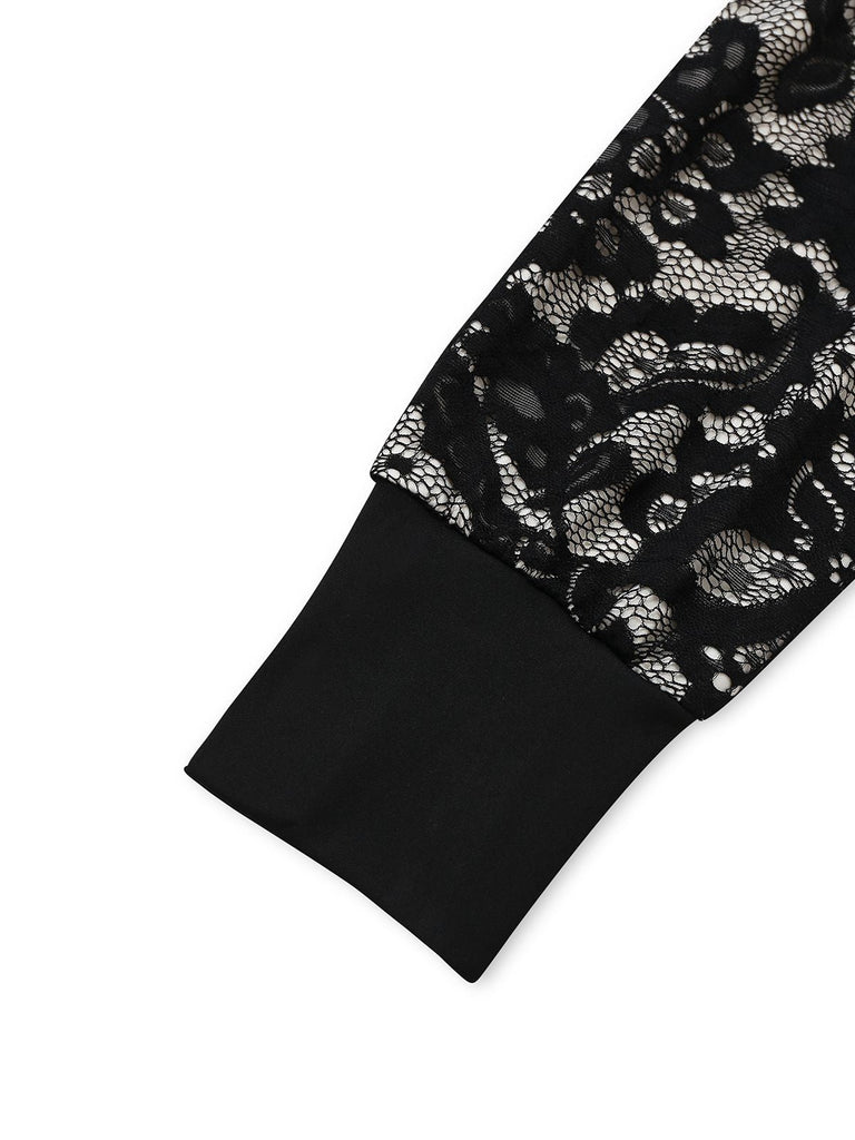 Robe sirène noire en dentelle florale col en V des années 1930