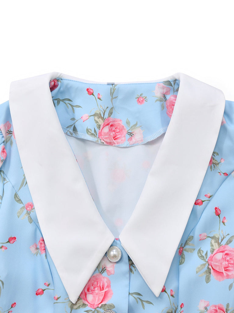 Robe roses courte manches bouffantes col chelsea des années 1960