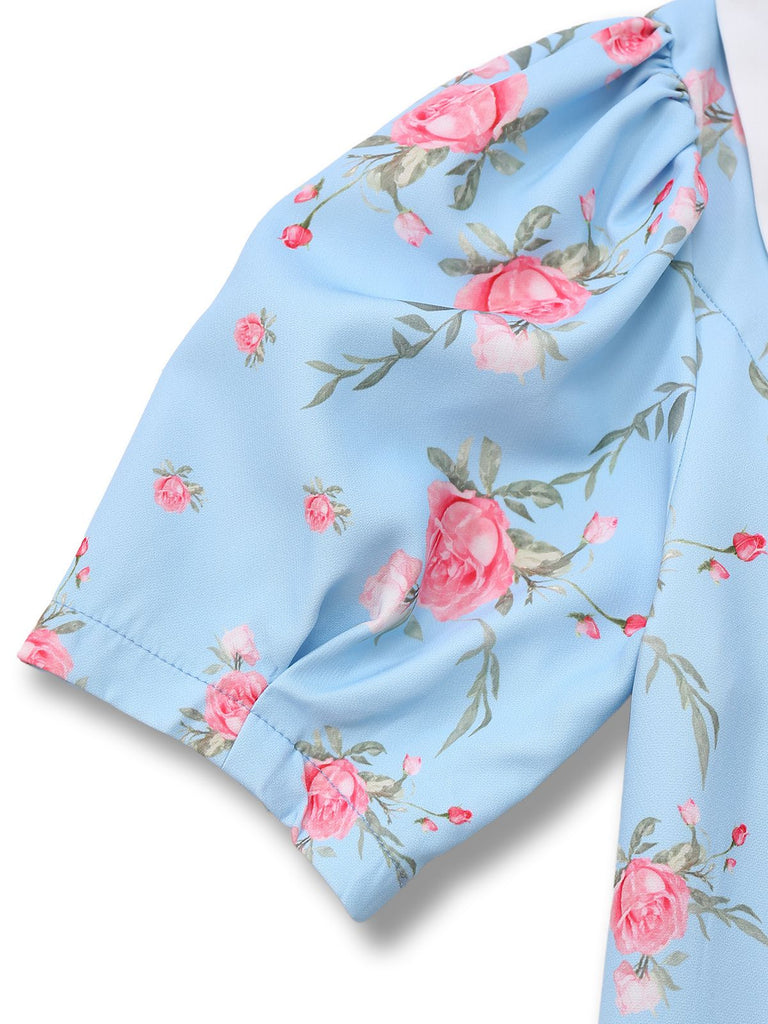 Robe roses courte manches bouffantes col chelsea des années 1960