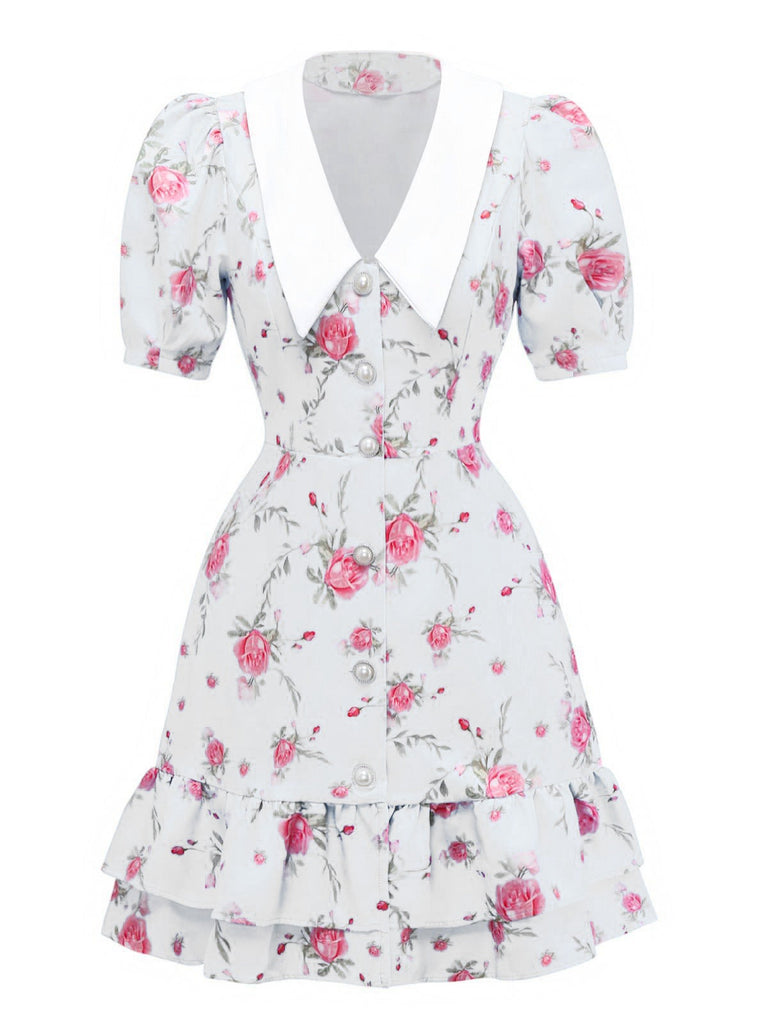 Robe roses courte manches bouffantes col chelsea des années 1960