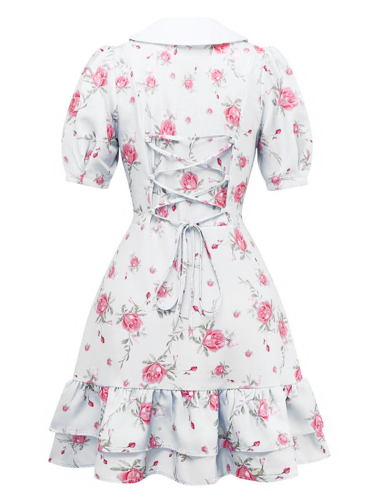 Robe roses courte manches bouffantes col chelsea des années 1960