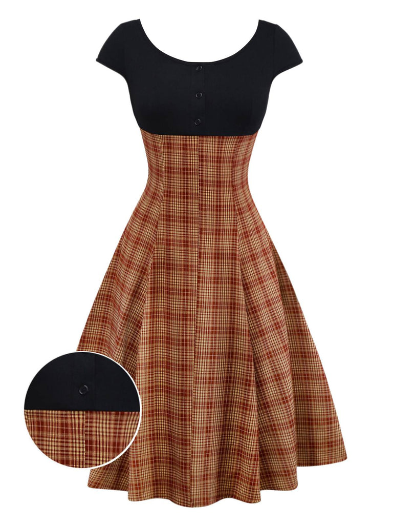 [Prévente] Robe manches courtes en tricot à carreaux marron des années 1950