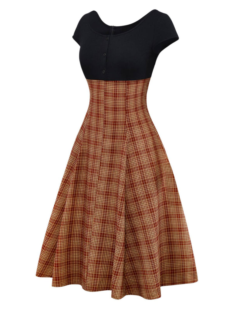 [Prévente] Robe manches courtes en tricot à carreaux marron des années 1950