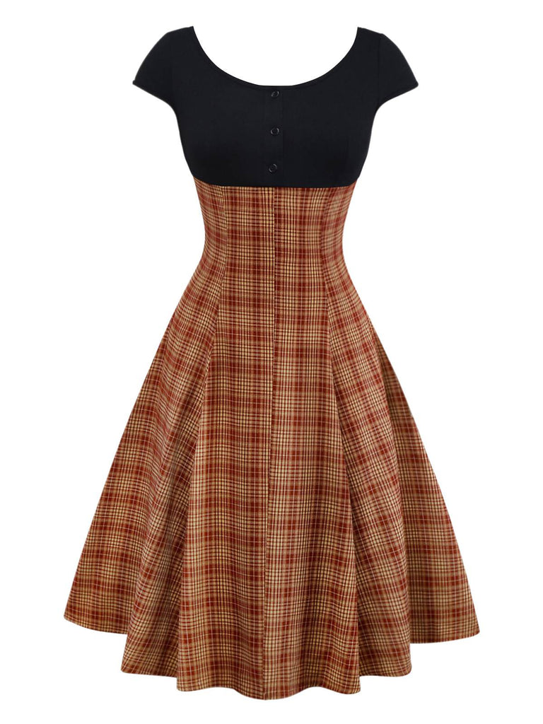 [Prévente] Robe manches courtes en tricot à carreaux marron des années 1950