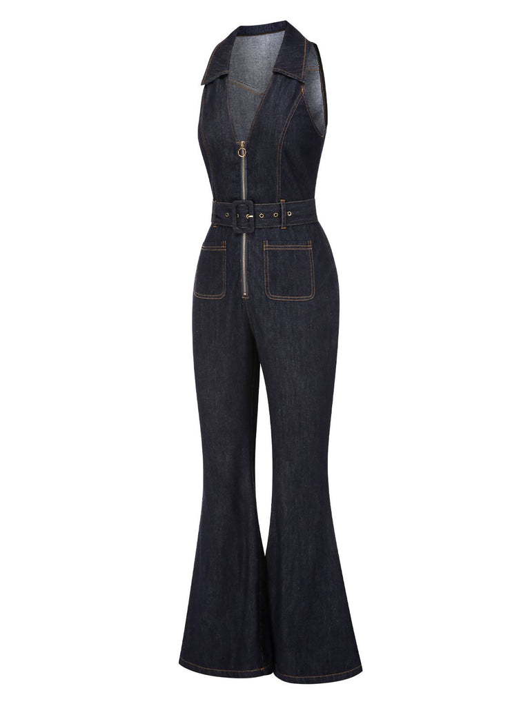 [Prévente] Combinaison bleue évasée en jean avec col années 1970