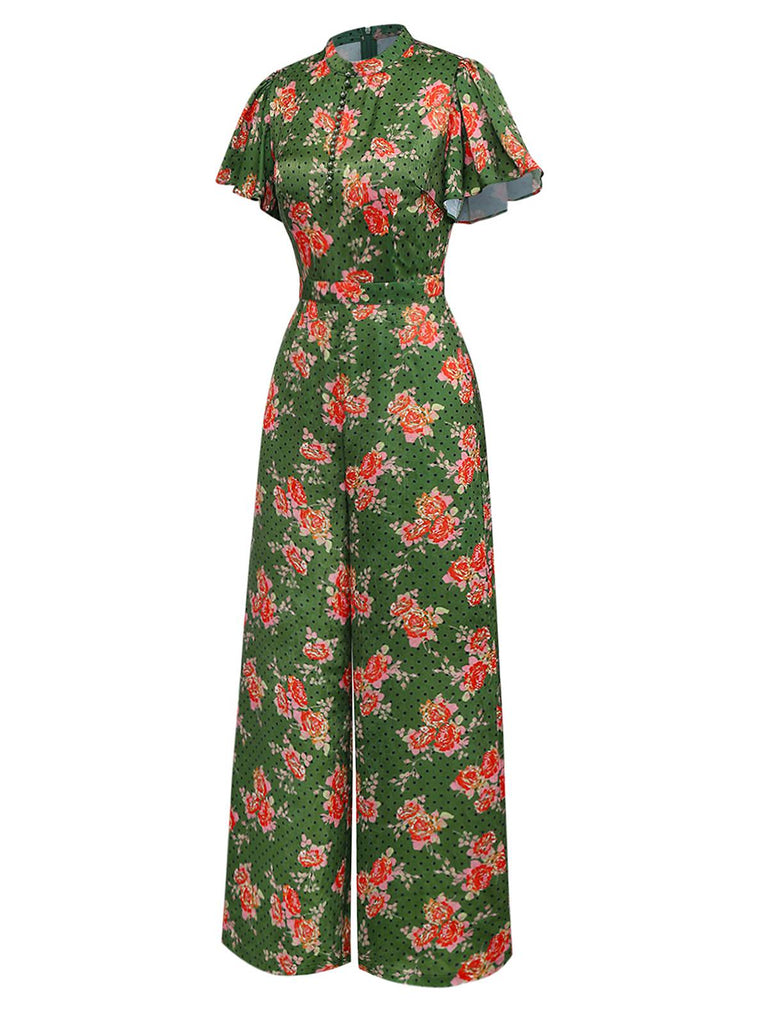[Prévente] Combinaison boutonnée à pois et volants roses verte des années 1940