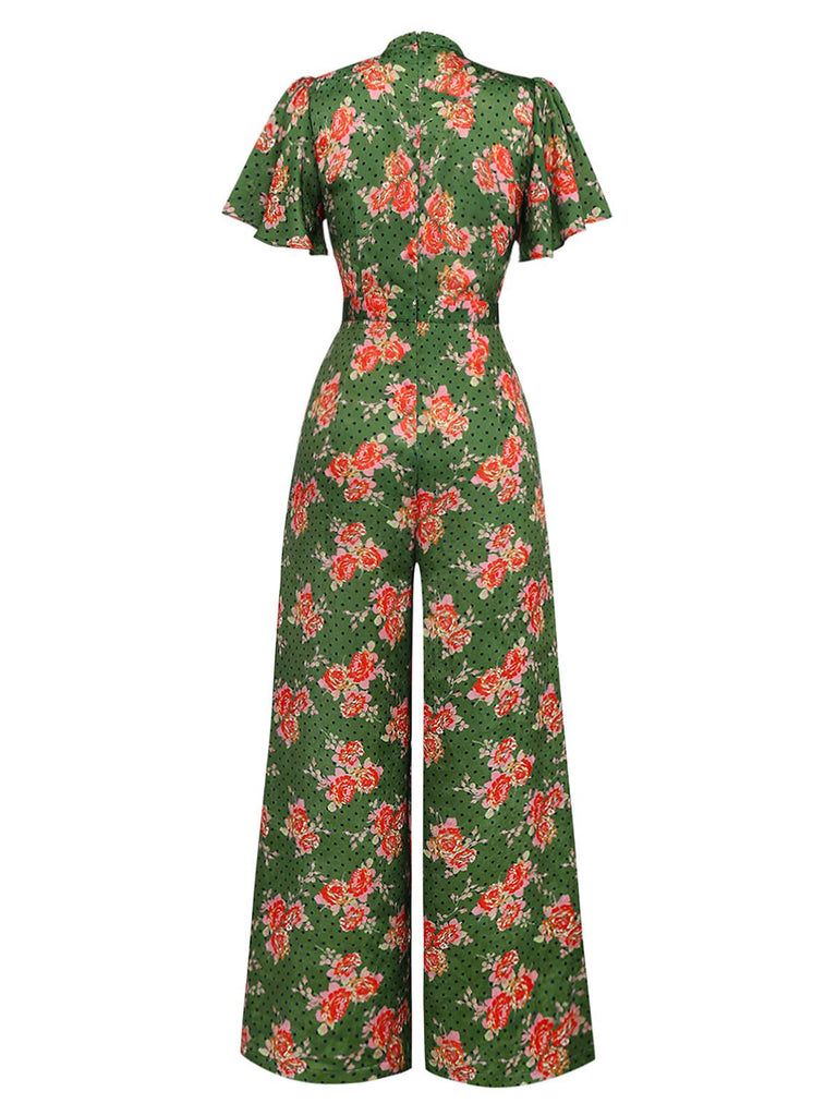 [Prévente] Combinaison boutonnée à pois et volants roses verte des années 1940