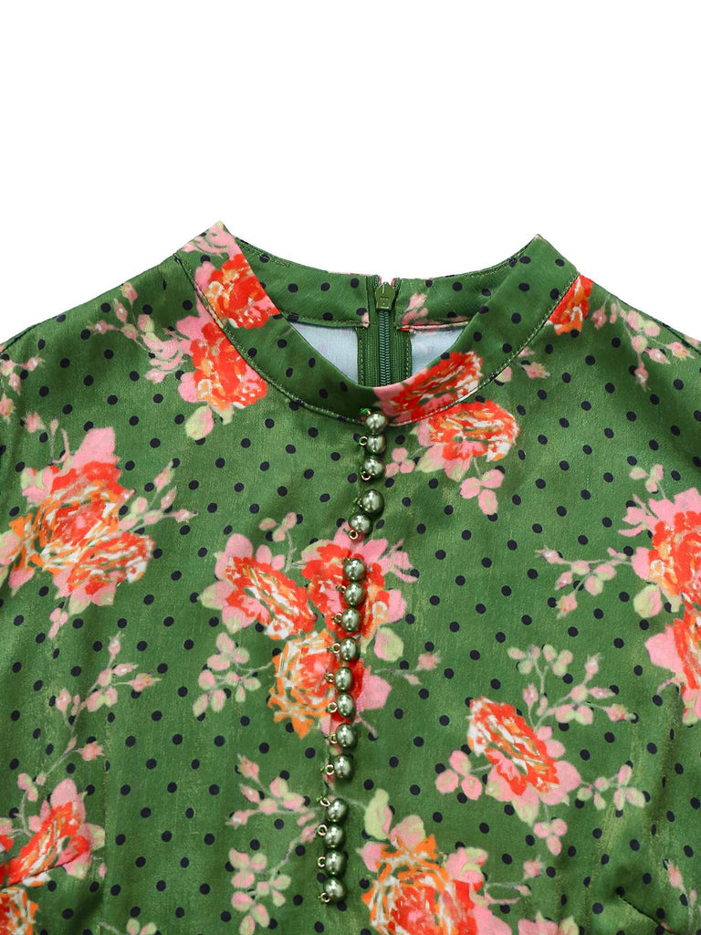 [Prévente] Combinaison boutonnée à pois et volants roses verte des années 1940