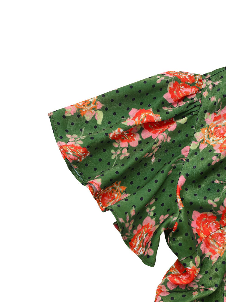 [Prévente] Combinaison boutonnée à pois et volants roses verte des années 1940