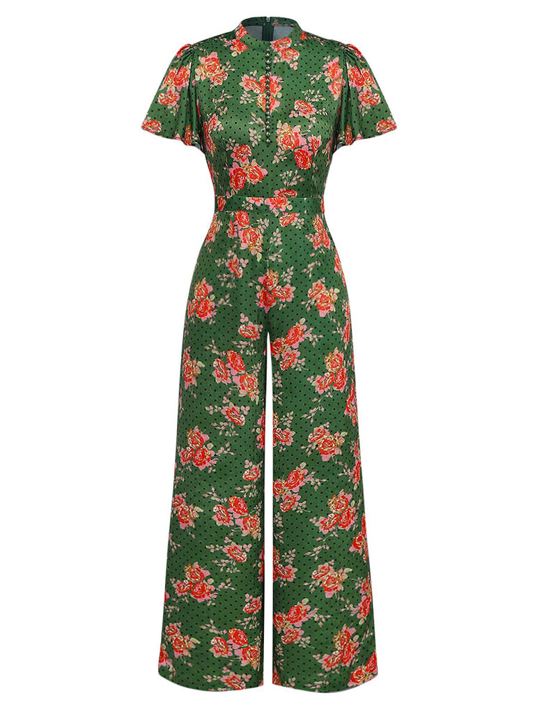 [Prévente] Combinaison boutonnée à pois et volants roses verte des années 1940