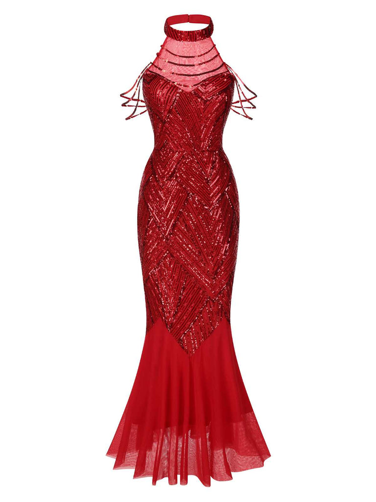 [Prévente] Robe longue rouge à paillettes et perles années 1920