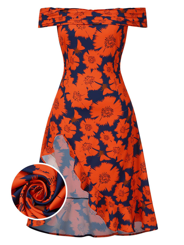 [Prévente] [Grande taille] Robe fleurs rouge à volants et épaules dénudées années 1930