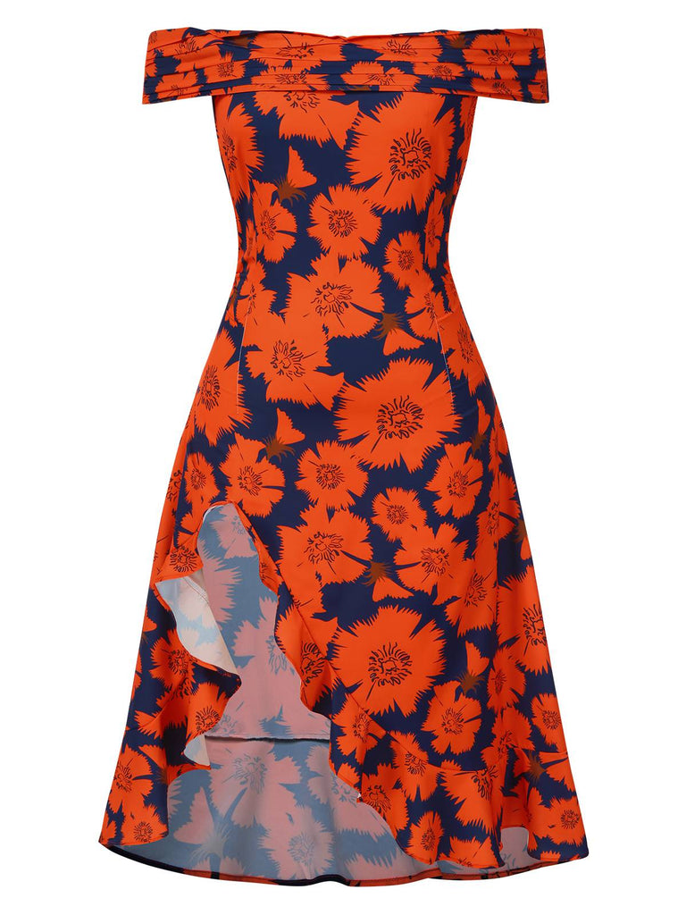 [Prévente] [Grande taille] Robe fleurs rouge à volants et épaules dénudées années 1930