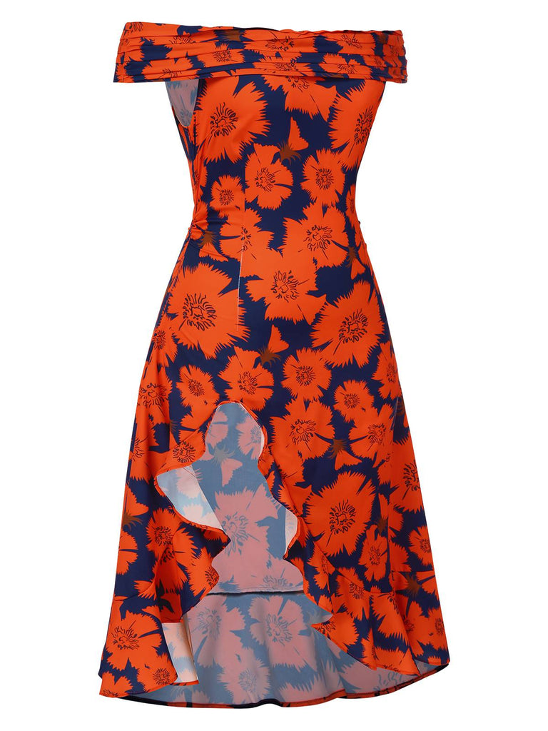 [Prévente] [Grande taille] Robe fleurs rouge à volants et épaules dénudées années 1930