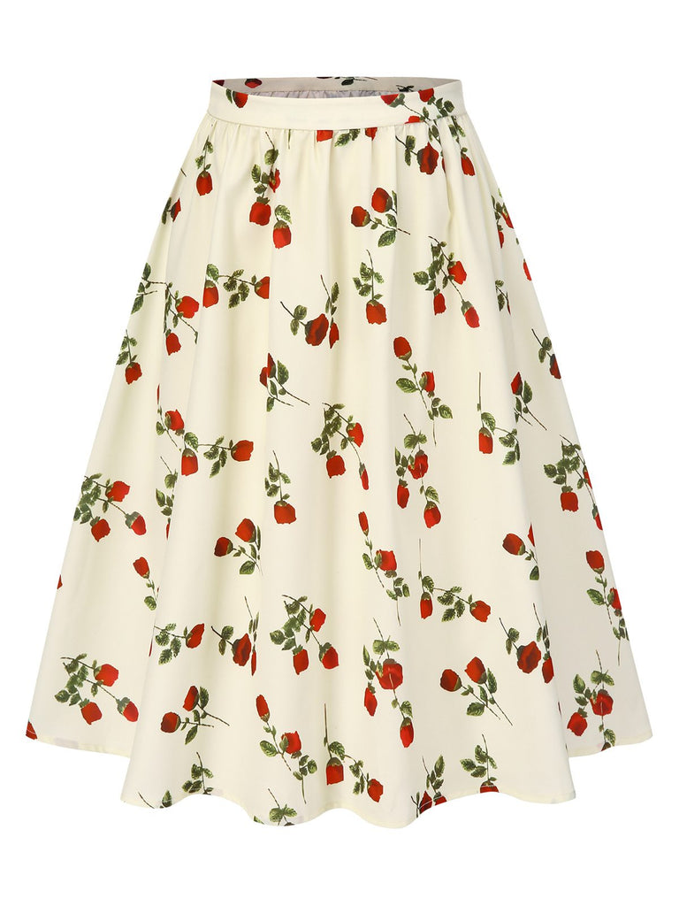 [Prévente] Jupe froncée blanche roses rouges années 1950