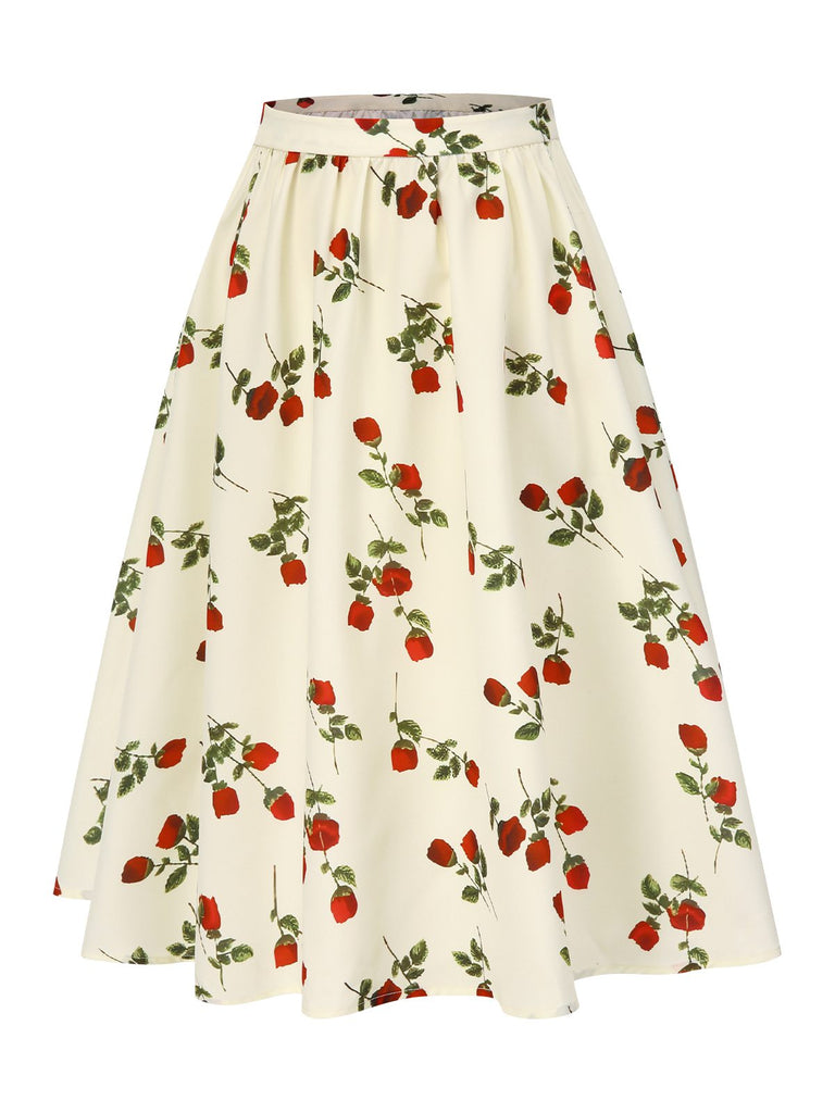 [Prévente] Jupe froncée blanche roses rouges années 1950